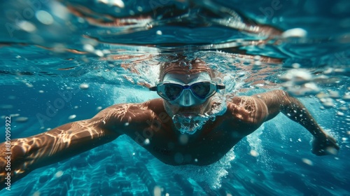A man wearing goggles swims in the water.