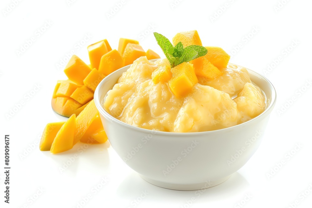 A bowl of tapioca pudding with mango, isolated on a white background A bowl of tapioca pudding with mango, isolated on a white background
