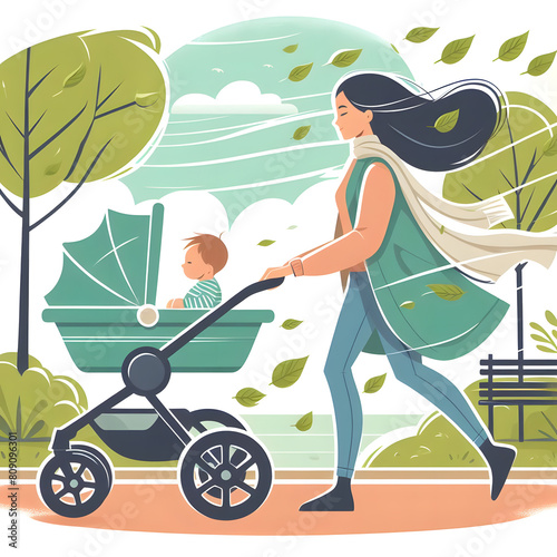 Illustration of a mother walking her son through a park in a stroller
