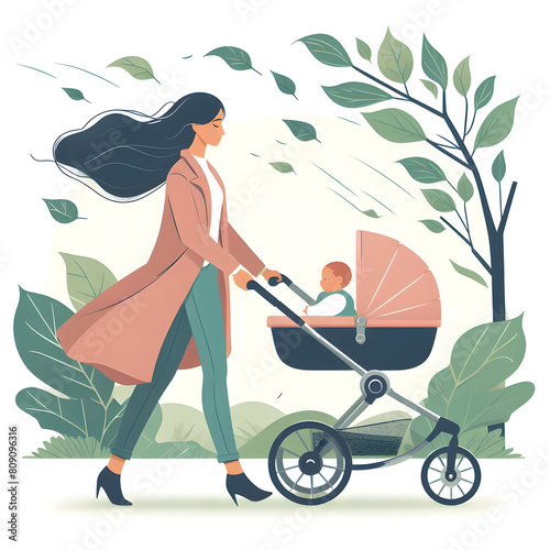 Illustration of a mother walking her son through a park in a stroller