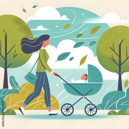 Illustration of a mother walking her son through a park in a stroller