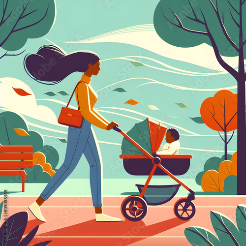 Illustration of a mother walking her son through a park in a stroller