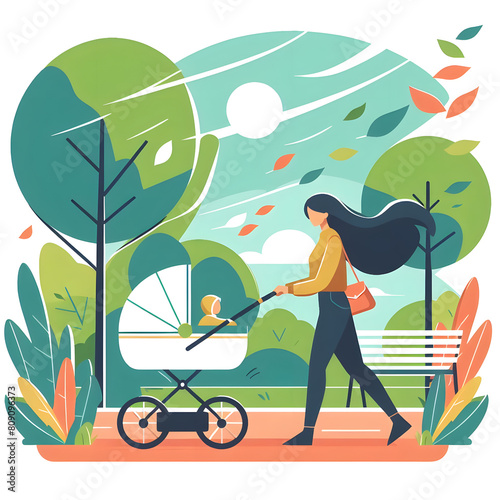 Illustration of a mother walking her son through a park in a stroller