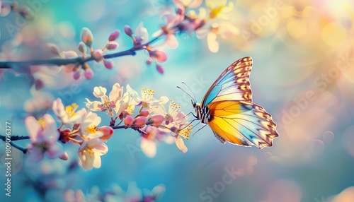 A stunning image capturing a colorful butterfly resting on a pink blooming branch against a soft blue sky, symbolizing transformation