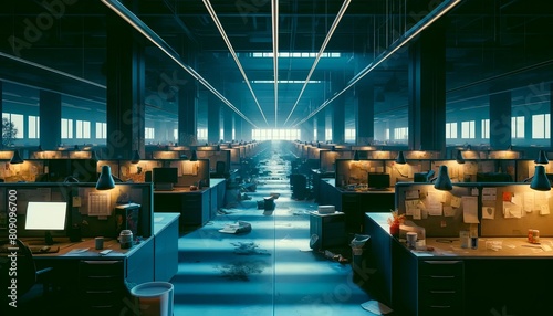 An illustration of a tech corporate office being deserted. A company without people. Mass layoffs concept. Recession