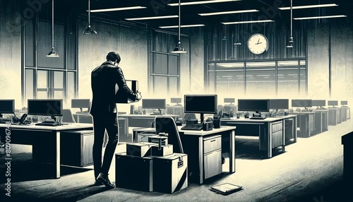 An illustration of a lone IT professional packing up a personal desk in an open-space. Leaving the office after losing job amid recession photo