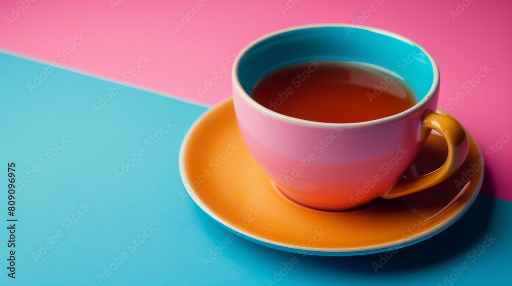 A teacup atop a saucer on a multi-hued plate , positioned on a pink and blue table A teacup atop a saucer on a multi-hued plate , positioned on a pink and blue table