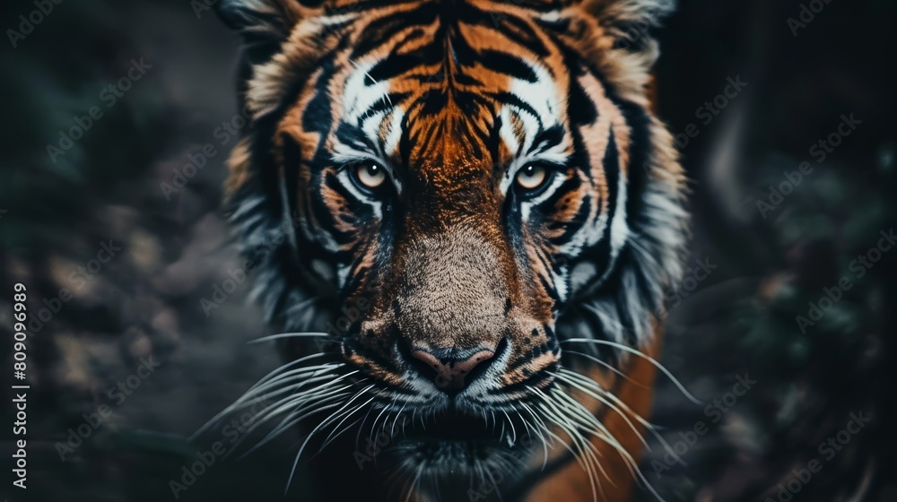   A tight shot of a tiger's expression against a dark backdrop, with trees looming nearby in the foreground