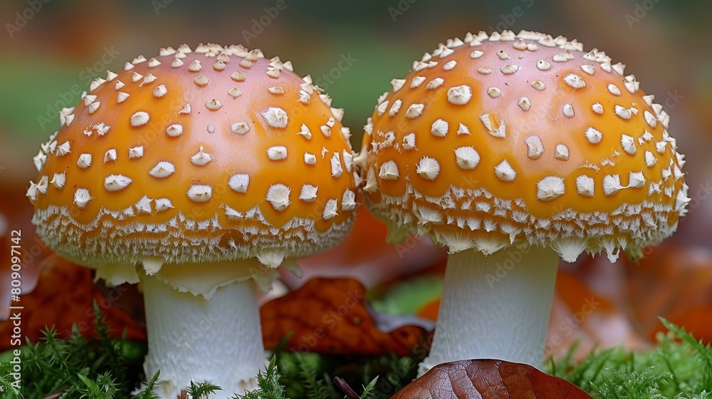 A few mushrooms sit atop a lush, green forest floor, speckled with countless tiny white dots A few mushrooms sit atop a lush, green forest floor, speckled with countless tiny white dots