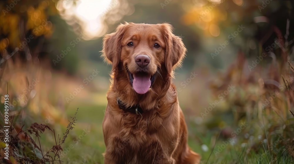   A tight shot of a dog in a lush grass field, surrounded by trees and bathed in sunlight, as sunbeams illuminate its face