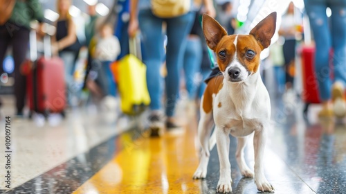  A small brown and white dog sits near the floor amidst a throng of people, each carrying suitcases