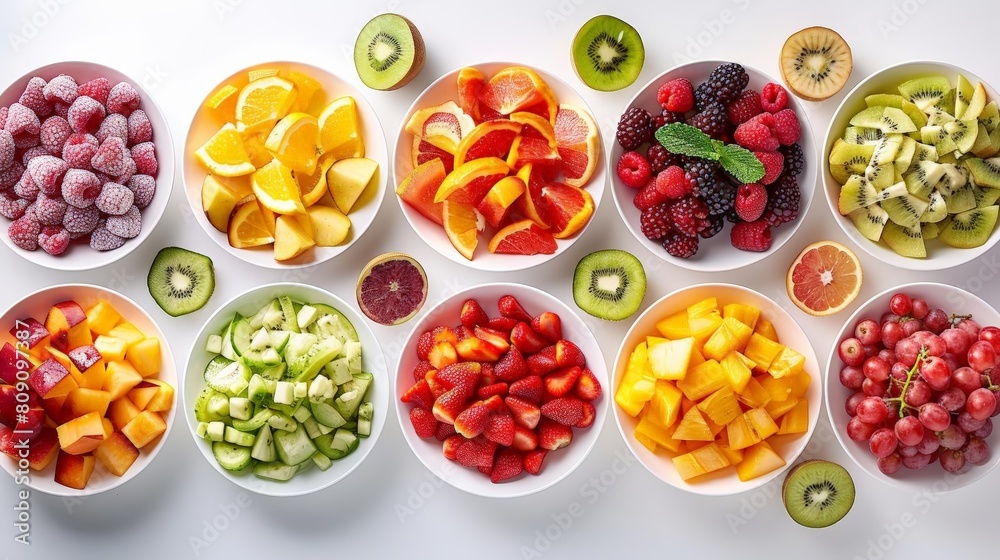 colorful fruit salad bar on transparent background featuring sliced kiwi, red strawberries, and oranges in white bowls colorful fruit salad bar on transparent background featuring sliced kiwi, red strawberries, and oranges in white bowls