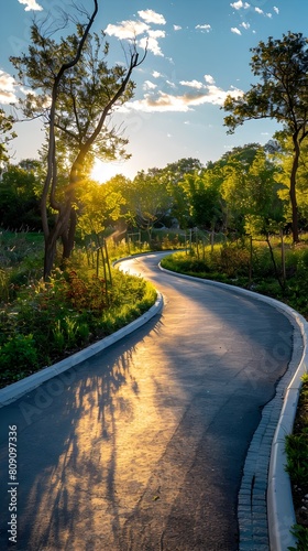 Winding Eco Friendly Cycling Path through Lush Forested Landscape Bathed in Warm Sunset Glow Promoting Community Sustainable Transport Initiative