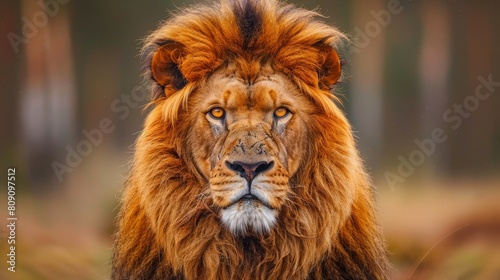   A tight shot of a lion s expressive face against a softly blurred backdrop of trees