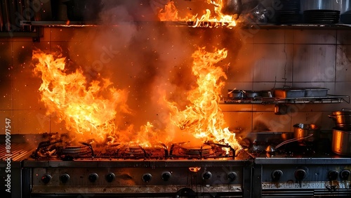 Kitchen mishap ignites flames, prompting urgent response to avert disaster. Concept Kitchen Safety, Fire Prevention, Emergency Response, Disaster Avoidance, Cooking Accidents photo