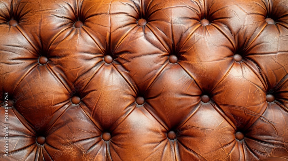  A close-up view of a brown leather upholstered seat
