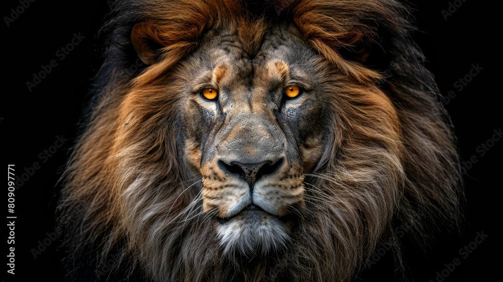   A tight shot of a lion's face against a black backdrop, displaying intense, yellow eyes