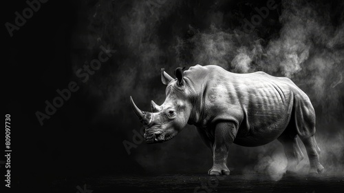   A monochrome image of a rhino with smoke rising from its back and face