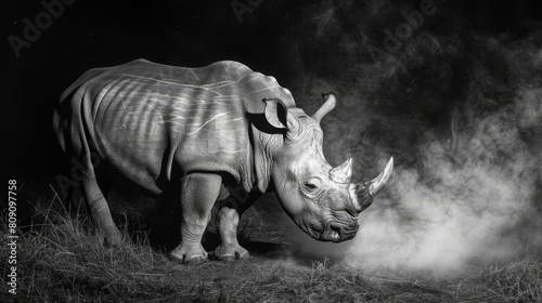  A monochrome image of a rhino in a field emitting smoke from its nostrils