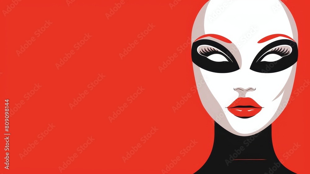 A woman's face with black-and-white makeup and a black-and-white mask against a red backdrop A woman's face with black-and-white makeup and a black-and-white mask against a red backdrop