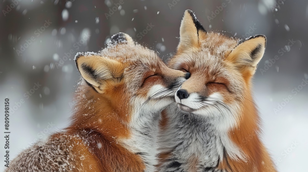 Two foxes atop a snow-laden ground, flanked by trees in the backdrop Two foxes atop a snow-laden ground, flanked by trees in the backdrop