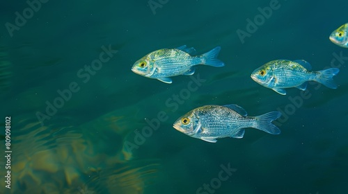  A cluster of tiny blue fish hover atop a body of water, surrounded by a forest of verdant trees