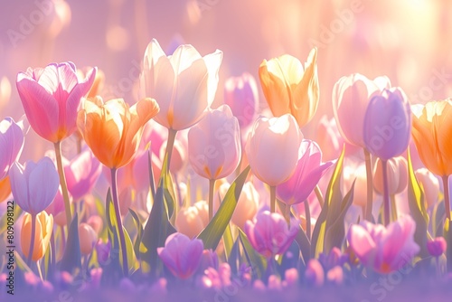 Closeup of colorful beautiful blooming tulips on field in spring, illuminated by the sun