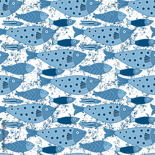 Aquarium with blue fish. Seamless background for fabrics, textiles, packaging and wallpaper. Collection of aquarium fish. Decorative drawing of fish. Drawing in doodle style. Vector illustration © Raman Maisei