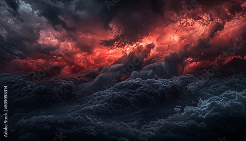 A bold and intense interaction of crimson and dark grey waves, clashing in a powerful display that captures the drama of a stormy evening sky. photo