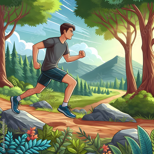 A man practicing trail running in a forest