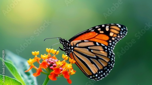 A tight shot of a butterfly perched on an orange-yellow flowered plant against a softly blurred backdrop