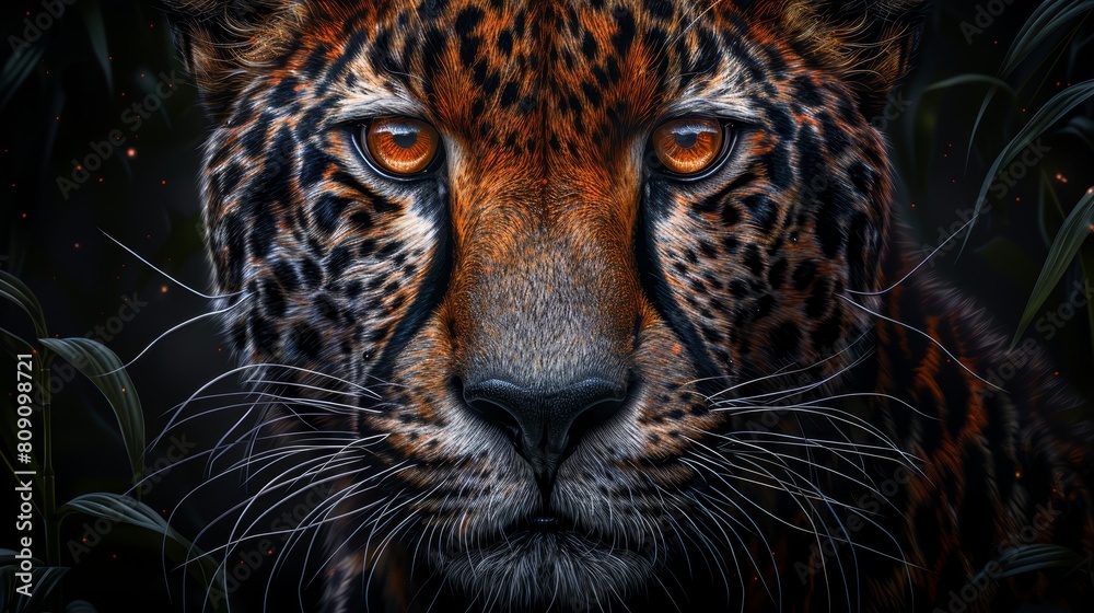   A tiger's intense face up close against a black backdrop, surrounded by emerald green leaves and glowing fireflies