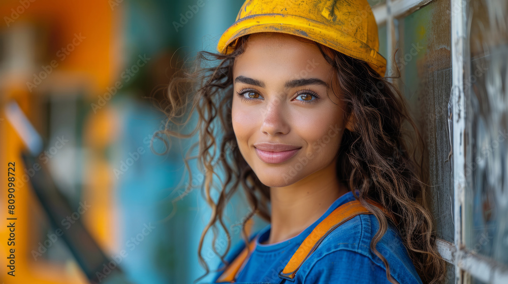 Young female construction worker in a hard hat and blue overalls