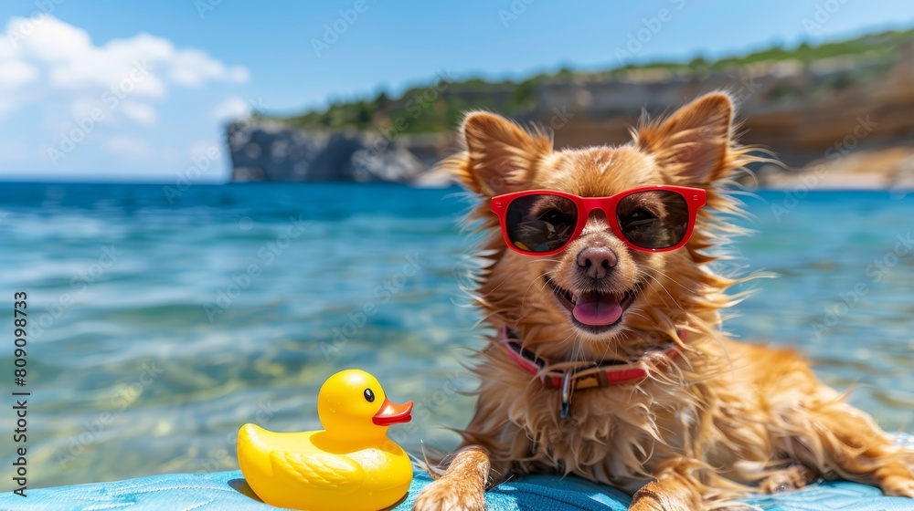   A dog in sunglasses sits by a rubber duck in a water body An island backs the scene