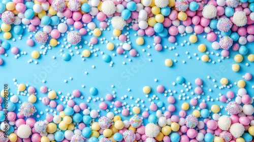  A blue background with pastel-colored balls and sprinkles at the bottom
