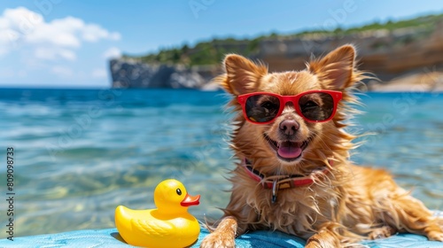   A dog in sunglasses sits by a rubber duck in a water body An island backs the scene © Jevjenijs