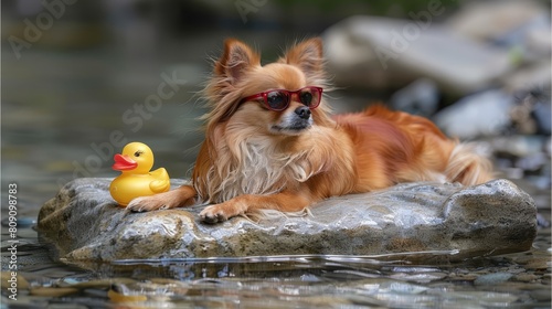  A dog, donning sunglasses, sits atop a rock, holding a rubber duck toy between its jaws Gazing directly into the camera