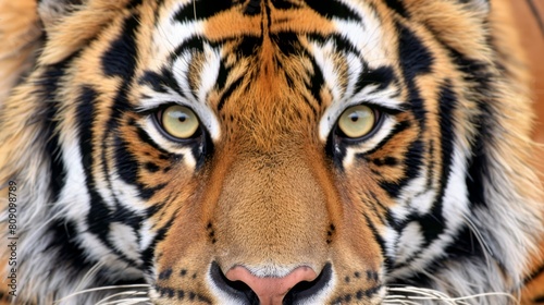   A tight shot of a tiger s face  its chest marked with contrasting black and white stripes
