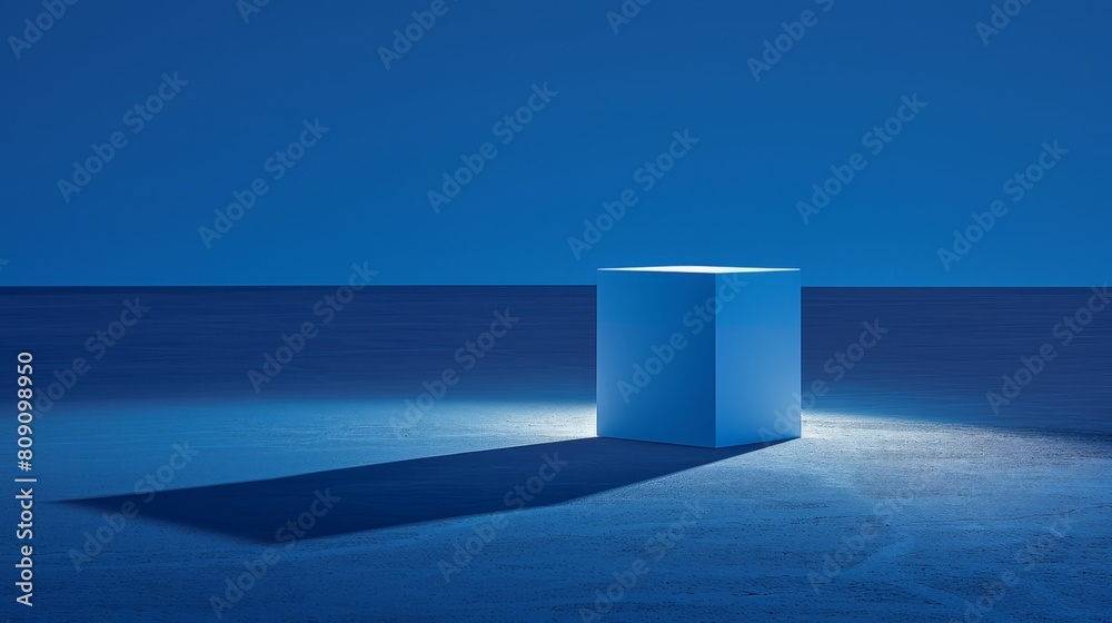   A square object sits in the center of a dark blue body of water, against a backdrop of a sky