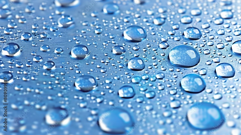 A tight shot of water droplets on a blue surface, reflecting a gentle sky image in the background A tight shot of water droplets on a blue surface, reflecting a gentle sky image in the background