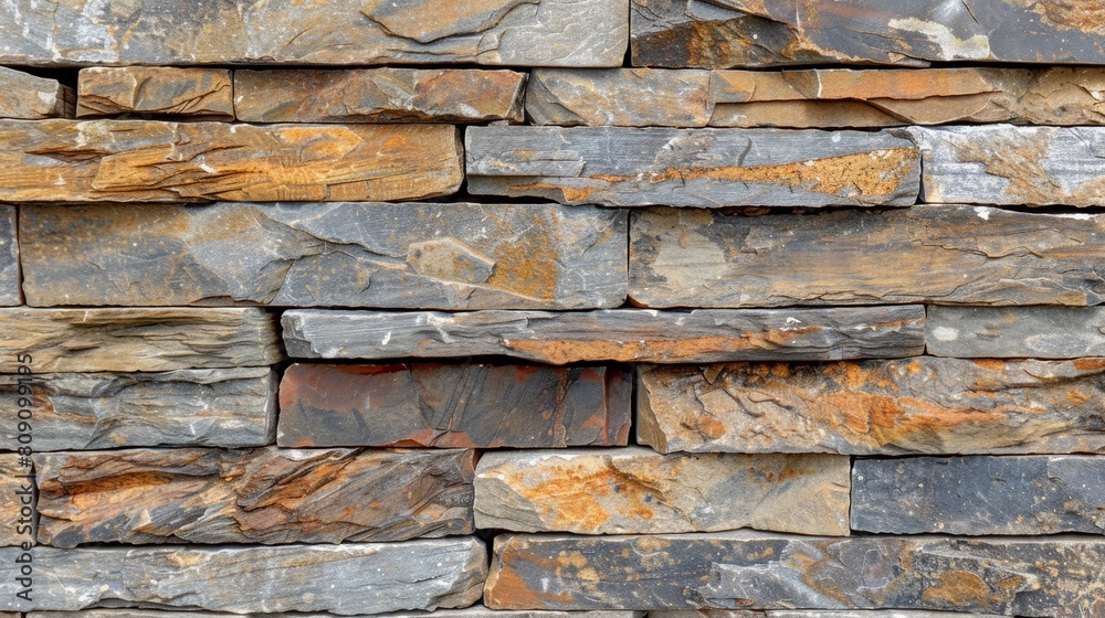   A tight shot of a stone wall, comprised of various shades of gray, brown, and orange stones Atop this mosaic sits a black bird