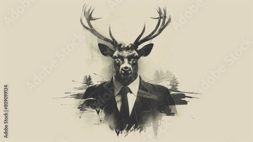   A monochrome image of a deer donning a suit and antlers atop its head  surrounded by trees in the backdrop