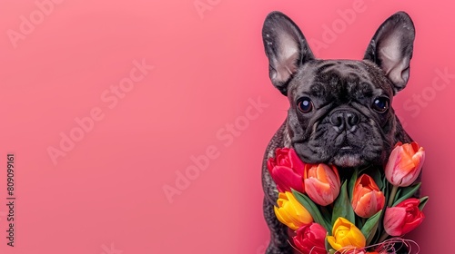   A dog facing a bouquet of tulips against a bright pink backdrop