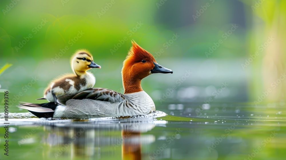   A couple of ducks float atop a tranquil lake Surrounding them is a lush, green forest teeming with numerous trees