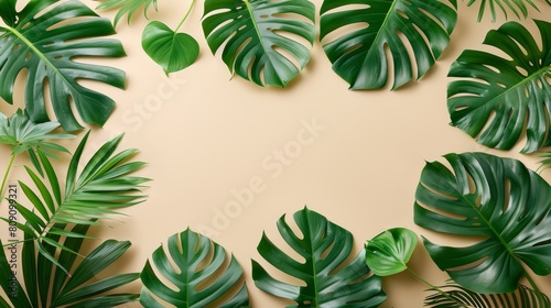   Green tropical leaves against beige backdrop Text space in image center