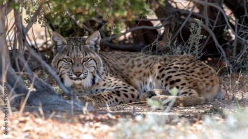   A tight shot of a feline resting on the earth in a field of dirt and grass  surrounded by trees in the background