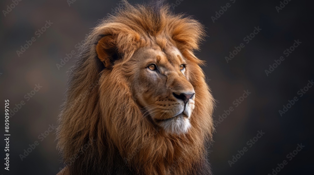   A tight shot of a lion's face against a dark backdrop, softly focusing on its head