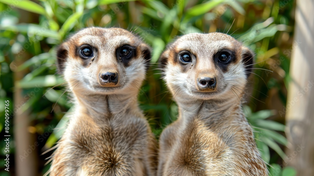   Two meerkats posed side by side before a lush, green bush