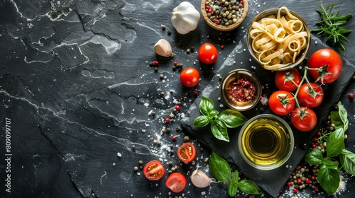  A pasta plate with tomatoes, basil, olives, garlic, pepper, and garlic oil displayed on a slate board