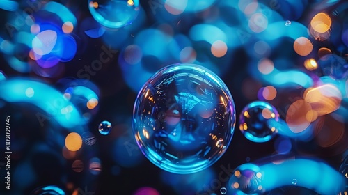  A collection of soap bubbles hovering above one another against a blue-black backdrop, reflecting light